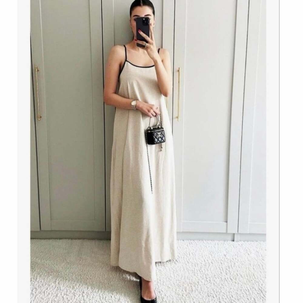 NWOT Shy Velvet Contrast Strap Linen Cotton Maxi Dress Natural Black XL